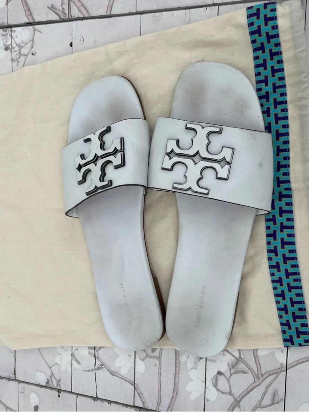 Tory Burch White Leather Logo Slide Sandals
